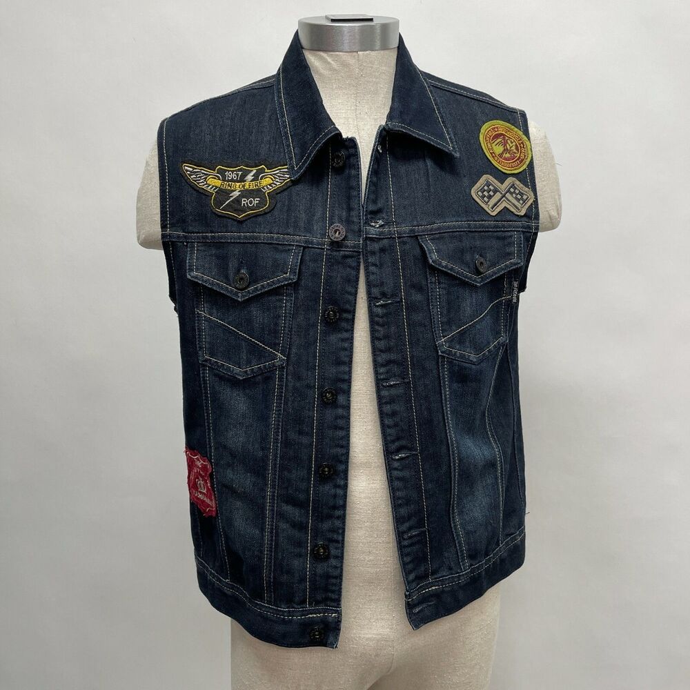 Ring of Fire Men's Vest Jacket Large‎ Patches Sleeveless